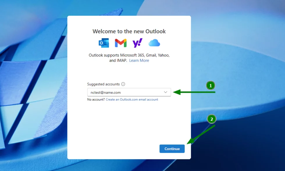Private Business Email account setup in new Outlook client